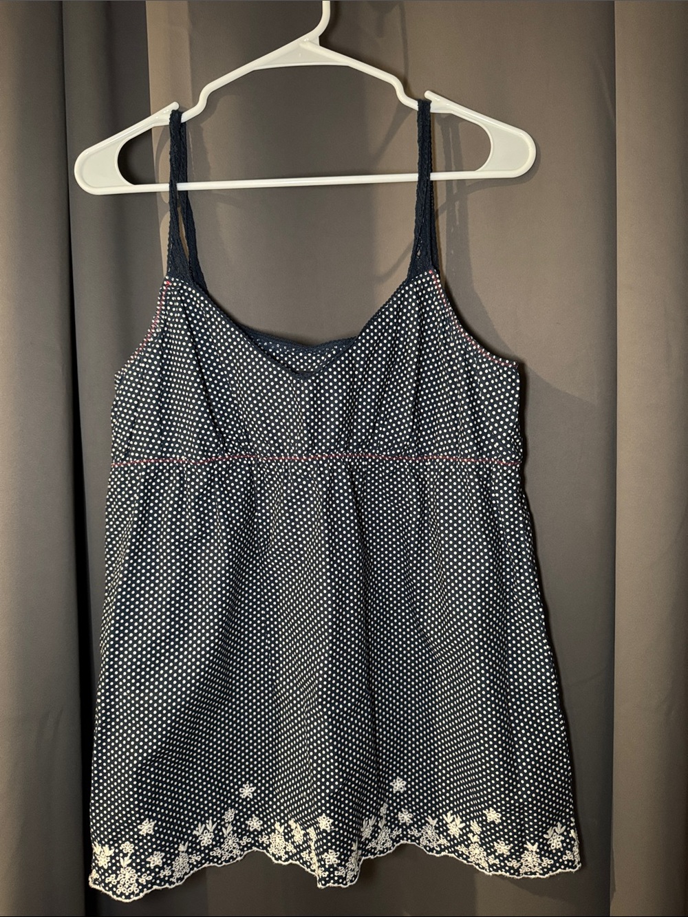 Y2K Calvin Klein Jeans Navy Polka Dot Camisole with White Embroidered Hem